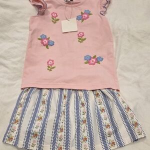 Pink Floral Dress with Blue Striped Skirt